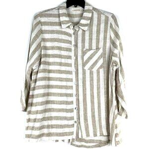 Soft Surroundings Women's M Camina Tunic Long Sleeve Beige Striped Linen Blend